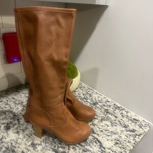 Sanita Brown Leather Knee High Block Heel Clog Boots by Size 37